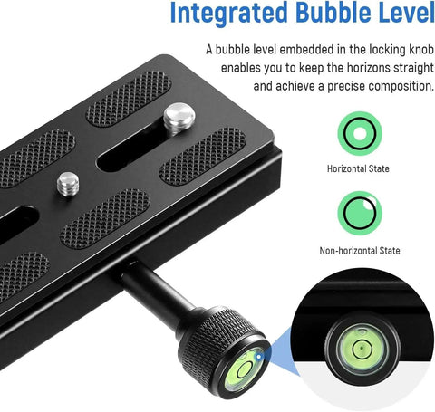 Arca Swiss Compatible Quick Release Plate With Clamp Adapter Set 120mm QR Plate showing embedded bubble level on locking knob.