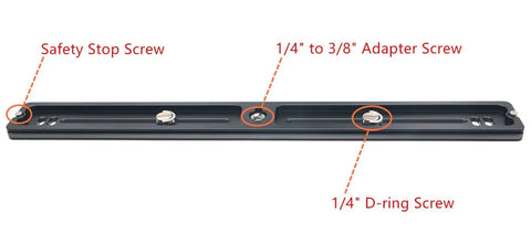 PU350 350mm universal long quick release plate showing safety stop screw, 1/4 to 3/8 adapter screw, and D-ring screw details.
