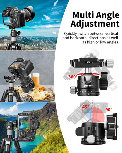 Arca Swiss Quick Release Ball Head with One Quarter Inch Screw showing 360 Degree Swivel and 90 Degree Tilt functionality on a camera setup.