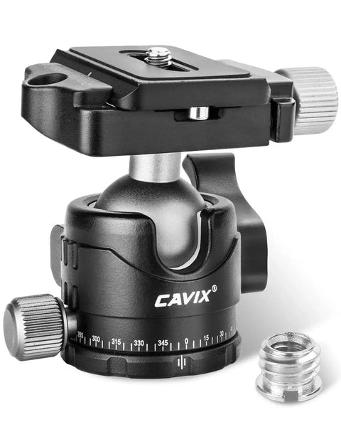 Arca Swiss Quick Release Ball Head with one quarter inch screw, 360 degree swivel, 90 degree tilt, supports up to 22 lb, built-in level