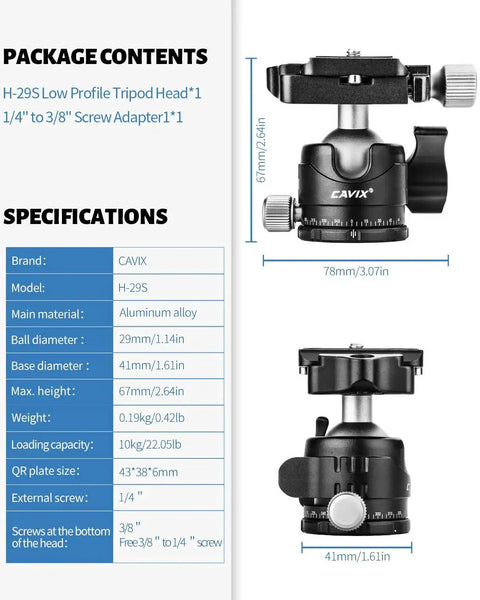 Arca Swiss Quick Release Ball Head with 1/4 inch screw, 360° swivel, 90° tilt, supports up to 22 lb, aluminum, wide tripod compatibility.