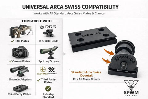 Ball Head Adapter For BOG DeathGrip Tripod With Plate, Arca Swiss Compatible Quick Release Mount shown with universal compatibility chart.