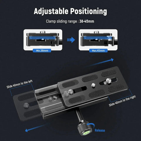 Adjustable Arca Swiss Compatible Quick Release Plate With Clamp Adapter Set demonstrating sliding range and bubble level.