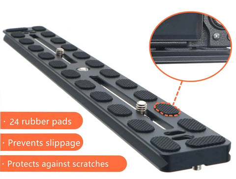 PU350 350mm Universal Long Quick Release Plate with rubber pads for grip, compatible with Arca Swiss, supports two cameras or flashes.