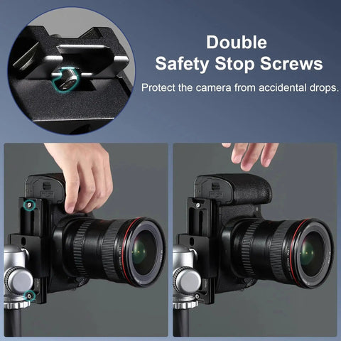 127mm Arca Swiss Quick Release Plate for Tripod Ball Heads with safety stop screws installed on camera in close-up view