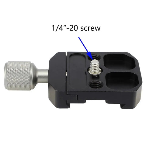 Side view of Arca Swiss Style Quick Release Clamp for Tripod Ball Heads and Monopods with 1/4-20 screw and knob.