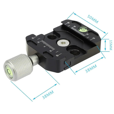 Arca Swiss Style Quick Release Clamp For Tripod Ball Heads And Monopods With Universal Quick Change Plate showing dimensions