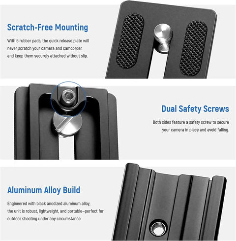 Arca Swiss Compatible Quick Release Plate With Clamp Adapter Set 120mm QR Plate showing rubber pads and aluminum alloy build