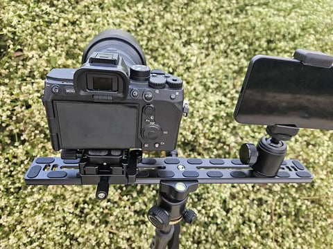 PU350 350mm Universal Long Quick Release Plate with dual dovetail, mounting camera and phone, on ball head tripod outdoors