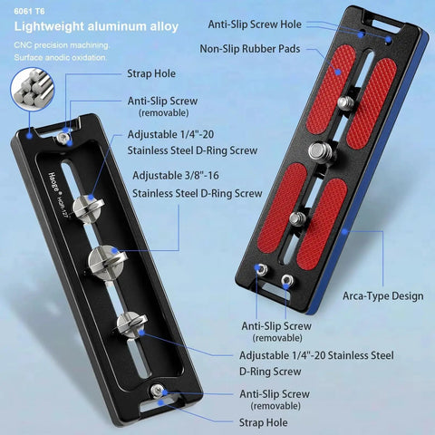 Two 127mm Arca Swiss Quick Release Plates for Tripod Ball Heads with stainless steel screws, strap hole, and anti-slip rubber mats.
