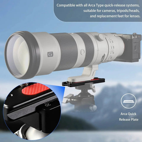 Close-up of 127mm Arca Swiss Quick Release Plate for tripod ball heads with camera, showing anti-slip rubber and security pin features.