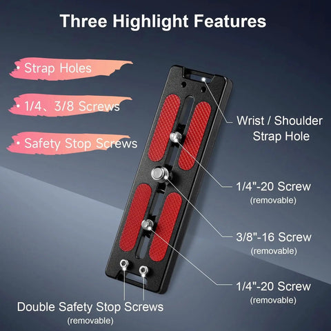 127mm Arca Swiss Quick Release Plate with stainless steel screws, strap holes, safety stop screws, and anti-slip rubber mats.