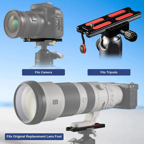 127mm Arca Swiss Quick Release Plate for tripod ball heads with camera and lens, featuring stainless steel screws, strap hole, and anti-slip mats.