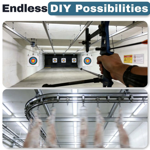 Archery range with bowstring pulled and overhead meat tracking rail system in industrial setup.