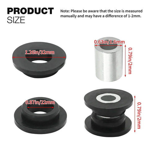 Size dimensions of components in Eight Piece Absorber Shock Bushing And Bearing Sleeve Kit For Arctic Cat ATVs 1998-2006