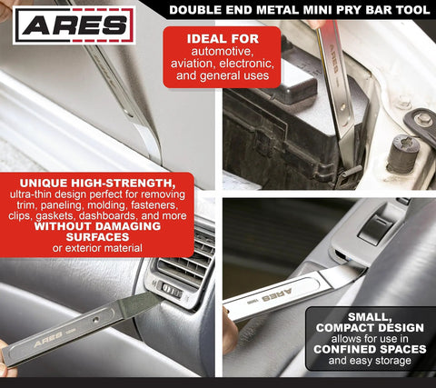 Compact Double End Metal Skin Wedge Prybar Tool By ARES shown being used on trim and fasteners, ultra thin 23 gauge ends visible.