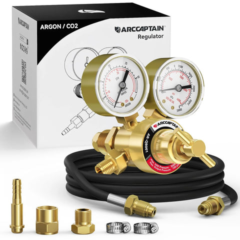 ARCCAPTAIN Argon/CO2 welding regulator kit with dual gauges, gold body, 8.2 ft inert gas hose