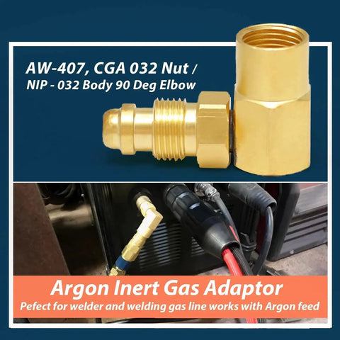 Argon Gas Adaptor For Welder Lines With 90 Degree Elbow Heavy Duty Build For TIG And MIG Machines CGA 032 Nut Nip And 032 Body