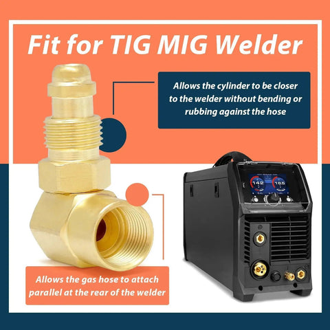 Argon Gas Adaptor For Welder Lines With 90 Degree Elbow Heavy Duty Build For TIG And MIG Machines, shown with Everlast Welder.
