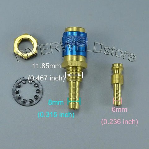 Argon Quick Connect Fittings For TIG Welding Torch QQ300 PTA DB SR WP 17 18 26, showing blue M8 connector and brass components