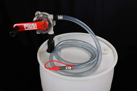 ArmorBlue Piusi Rotary Drum Pump for Diesel Exhaust Fluid (DEF) with hose on white drum, F00332A3A model