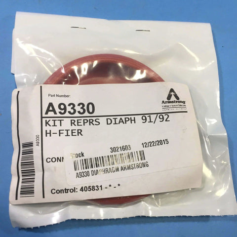 Packaging of ARMSTRONG INTERNATIONAL A9330 diaphragm kit for humidifier 91/92, includes diaphragm and hardware in sealed bag.
