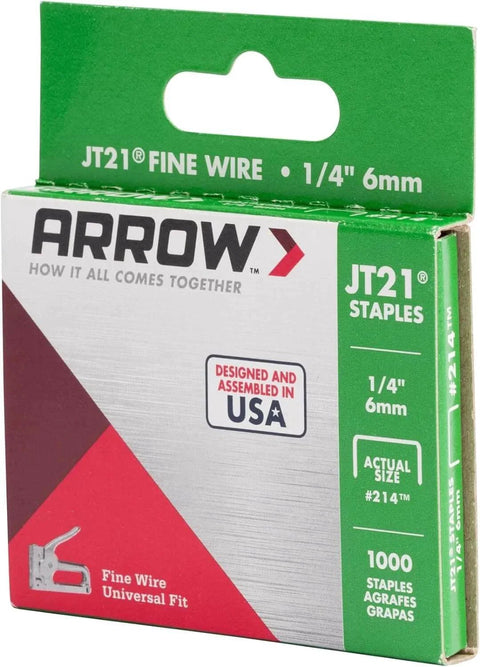 Packaging of JT21 Fine Wire Staples, 1/4-inch leg, 7/16-inch crown, 1000-pack, for light-duty upholstery and crafts stapling.