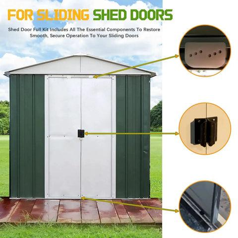 Door Tune Up Kit For Arrow DK100 A Sliding Shed Doors Replacement Parts In Black Includes 2 Handles 4 Lower Guides 4 Door Slides And Screws And Nuts For Quiet Smooth Operation And Easy Maintenance. Image showing installation on a garden shed door with close-ups of components.
