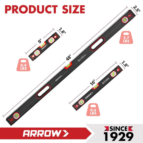 Three Piece Spirit Level Set With 9 Inch, 16 Inch, And 48 Inch Levels For Construction And Carpentry
