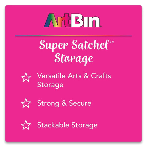 ArtBin Super Satchel Storage with features listed: Versatile Arts & Crafts Storage, Strong & Secure, Stackable Storage on pink background