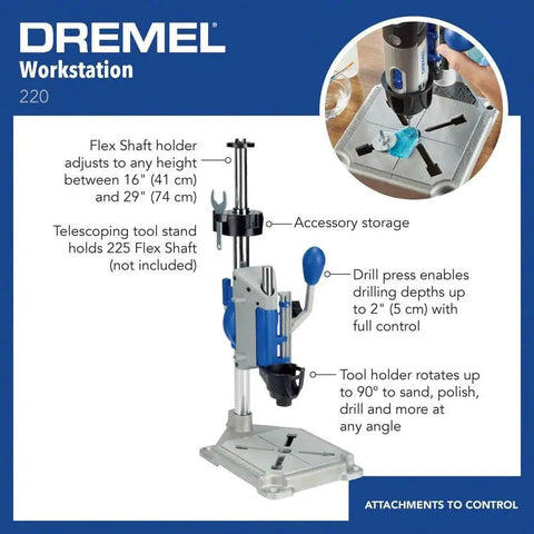 Articulating Drill Press Stand For Rotary Tools With 90 Degree Horizontal Position And 15 Degree Increment Angled Drilling 2 Inch Depth Includes Tool Holder And Wrench Model 220-01 featuring adjustable height.