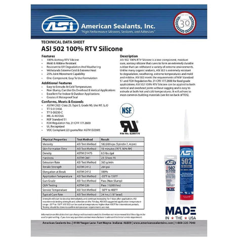 Technical data sheet of ASI 502 100% RTV silicone sealant with product features and specifications.