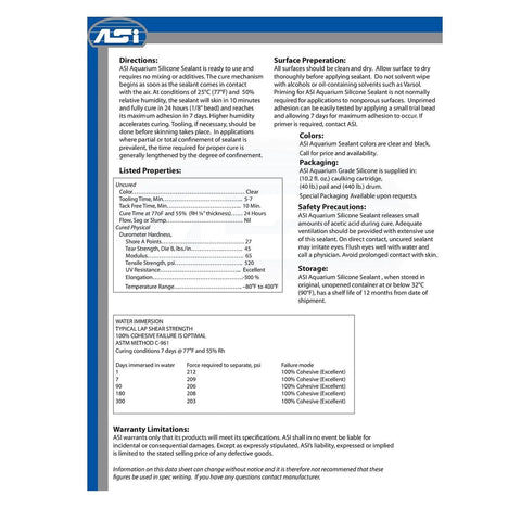 Instruction manual for High Modulus Aquarium Silicone Sealant For Glass That Bonds Under Water, non-toxic to fish, 10.2 oz