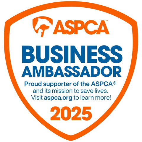 ASPCA 2025 Business Ambassador badge, supporting animal welfare, with logo and description.
