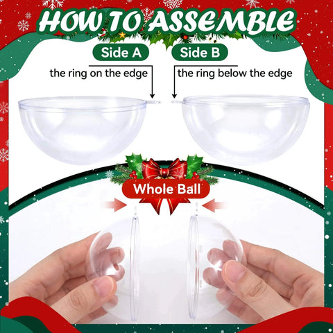 Instructions for assembling 20 Pack Clear Plastic Fillable Ornament Ball 3.15''/80mm for Christmas, showing two halves and joining process.