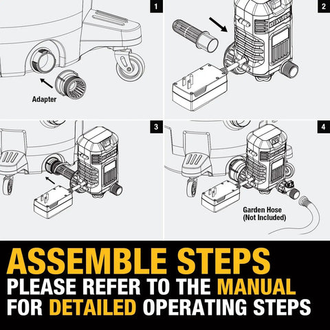 Illustration showing assembly steps for External Pump Accessory for Wet Dry Vacs; includes adapter and garden hose connection.