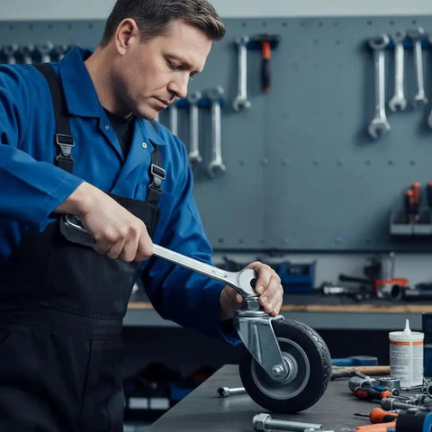 Technician working with 1/2-13 Nuts Bolts Assortment With 3/4 Inch Head And Locking Nylon Nut And 1/2 Inch Caster Axle Bolt In Galvanized Carbon Steel.