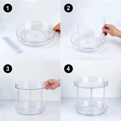 Assembly process of Two Tier Clear Lazy Susan Turntable Organizer With 360 Degree Rotation for Vanity and Bathroom Storage.