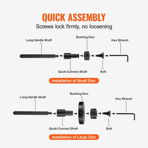 52 Piece Bushing Bearing And Seal Driver Kit Pro Grade, assembly instructions showing long handle shaft, bushing disc, hex wrench.
