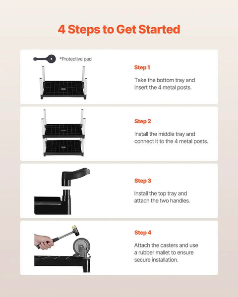 Assembly instructions for Heavy Duty 3 Tier Utility Cart With 360 Degree Swivel Wheels And Brakes, 300 Lb Load Capacity
