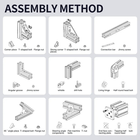 Assembly method for 1220mm EU Standard Anodized 2020 T Slot Aluminum Rail showing connection pieces and fasteners.