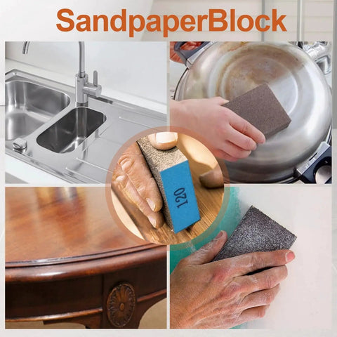 Hands using Assorted Grit Sanding Block Set 60 80 120 220 Blocks For Wood Drywall Metal on various surfaces