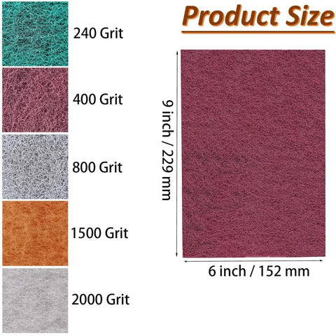 Assorted 6 X 9 Inch Hand Pads Coarse To Superfine For Grills And Garden Tools, showing grit variations and dimensions.
