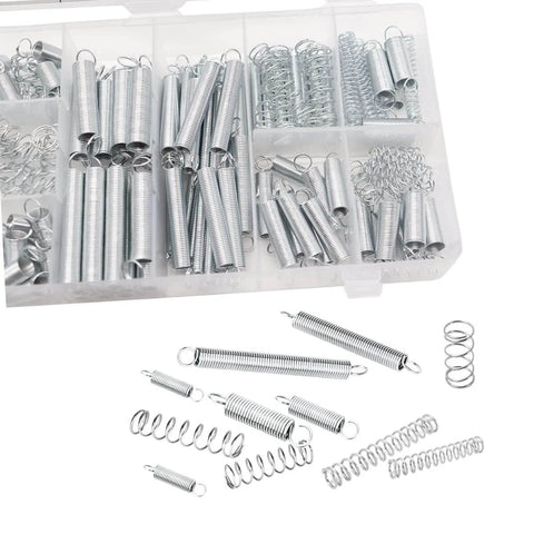 Assorted metal springs in a compartmentalized box for various repair and assembly tasks