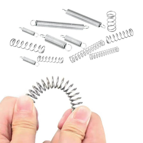 Hands bending a metal spring with a variety of metal springs displayed in the background.