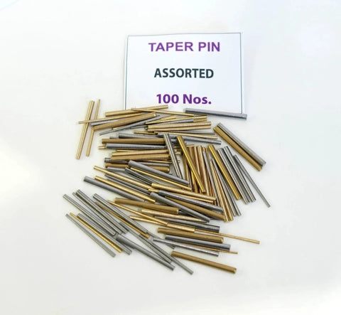 Assorted 100 Piece Taper Pins Set In Steel And Brass For Clock Repairs And Watchmaking displayed with label