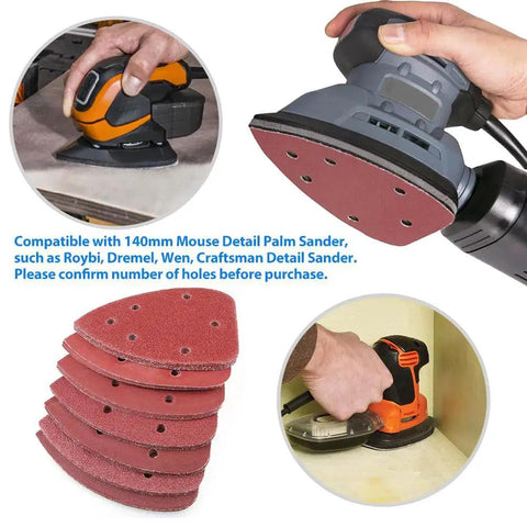 Assorted 70Pcs 140mm Triangle Sanding Pads For Mouse Detail Sander 6 Hole in use with palm sanders and stack close-up