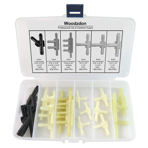 Woodzdon 18-Pc vacuum hose connector kit in plastic case; yellow and black nylon Y, T, 4/5-way adapters for auto vacuum lines.