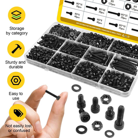 750PCS M3 Screws Assortment Kit in storage box with hex socket head bolts, nuts, washers; black zinc plated alloy steel for DIY projects.