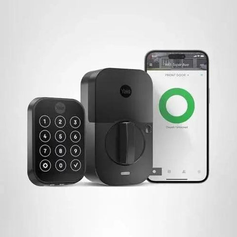 Assure Lock 2 Deadbolt With WiFi Keypad For Smart Home Entry Code Entry And Remote Access Keyless Entry Via Keypad And App Auto Lock And DoorSense Fits Doors By Replacing A Standard Deadbolt Easy Installation For Remote Access And WiFi Connectivity shown with smartphone app interface